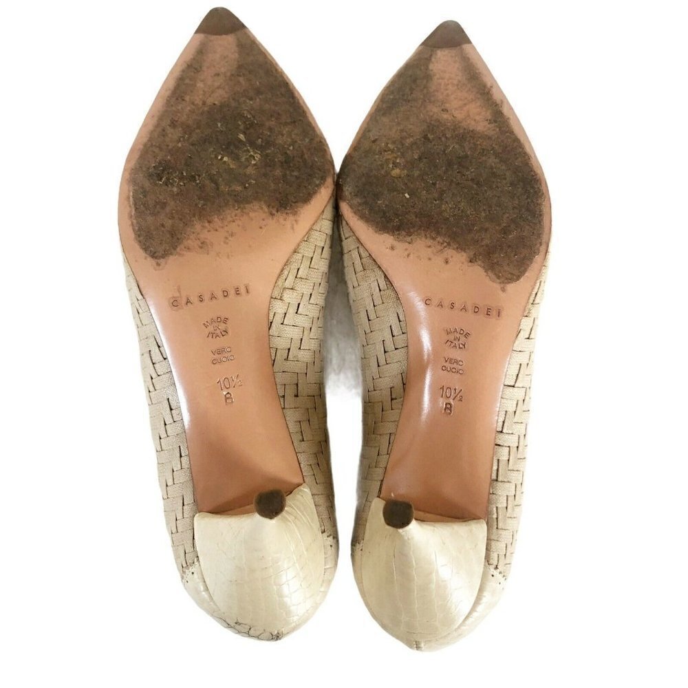 Casadei Beige Woven Leather Gold Horse Bit Heels - Picture 12 of 12